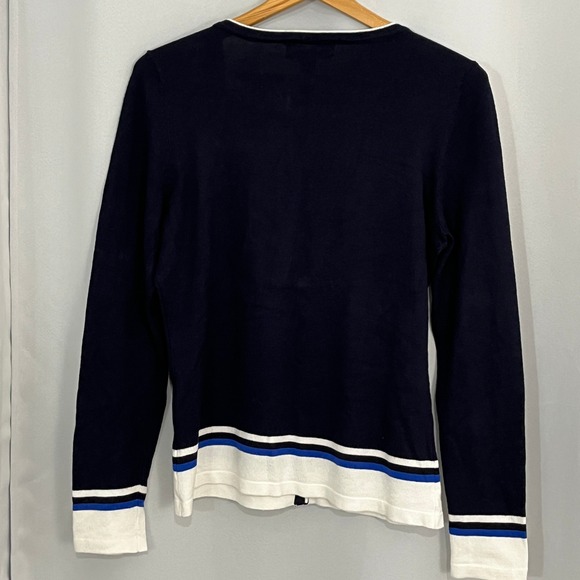 Karen Scott Cardigan Sz M Contrast Trim Navy Blue Cottagecore Nautical Preppy - Picture 3 of 8